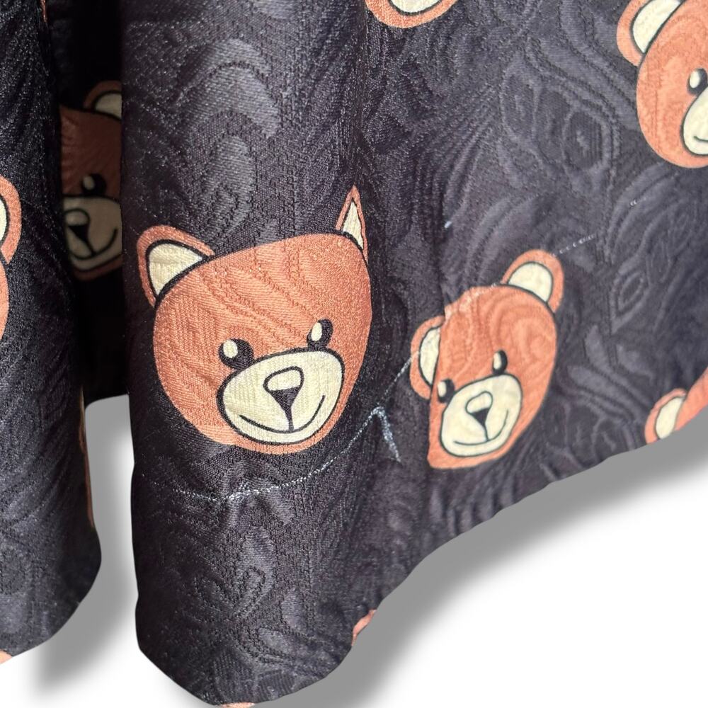Teddy Bear Print Black Jacquard Pleated FloMidi Skirt Kawaii Harajuku Retro - Picture 3 of 11